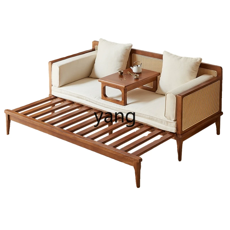 

LH solid wood sofa bed dual-purpose retractable sofa log style retro rattan decoration homestay