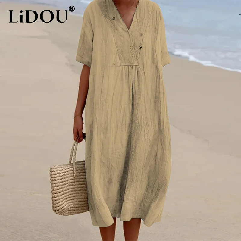 Summer Autumn V-neck Vintage Folds Cotton Linen Dress Female Short Sleeve Loose Casual Robe Women Solid Color Vestidos De Fiesta