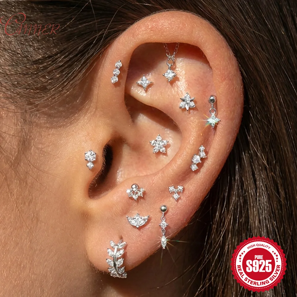 

CANNER 925 Sterling Silver Moissanite Flower/Star/leaf Piercing Earring for Woman Party Wedding thread Helix/Tragus Jewelry Gift