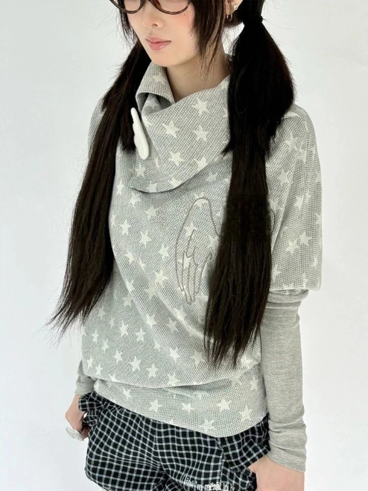 Harajuku Vintage Star Print Hoodie Frauen Casual Lose 2000er Jahre Subkultur Shirts Y2k Ästhetische Batwing Hülse Streetwear Sweatshirt