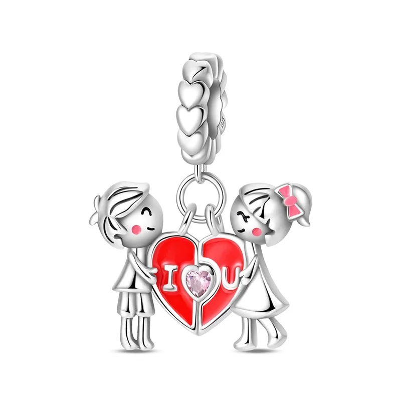 

925 Sterling Silver Sweet Couple Love Charms Beads Shining Zircon Dangle Fit DIY Original Bracelet Women Valentine's Day Jewelry