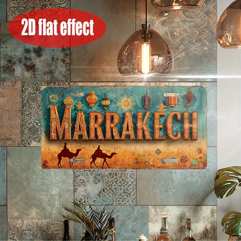 2D Flat, 1pc Vintage  Metal Sign Plate Cover - Marrakech Desert Caravan Sign with Lanterns & Market Theme, view 6