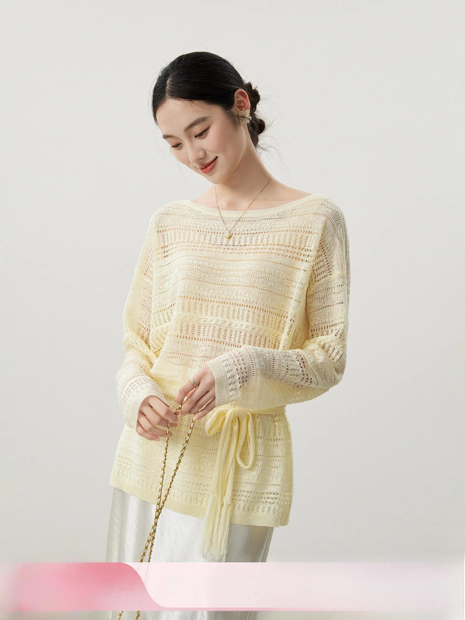 

Элегантный геометрический ажурный вязаный топ для женщин, новинка весеннего сезона, с бантом на талии, из мягкого вискозного волокна, свободного кроя