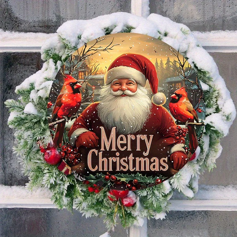 CIFBUY Round Merry Christmas Metal Tin Sign, Santa Claus Wall Plaque, Xmas Vintage Wall Art Decor for Indoor Ornament Gift