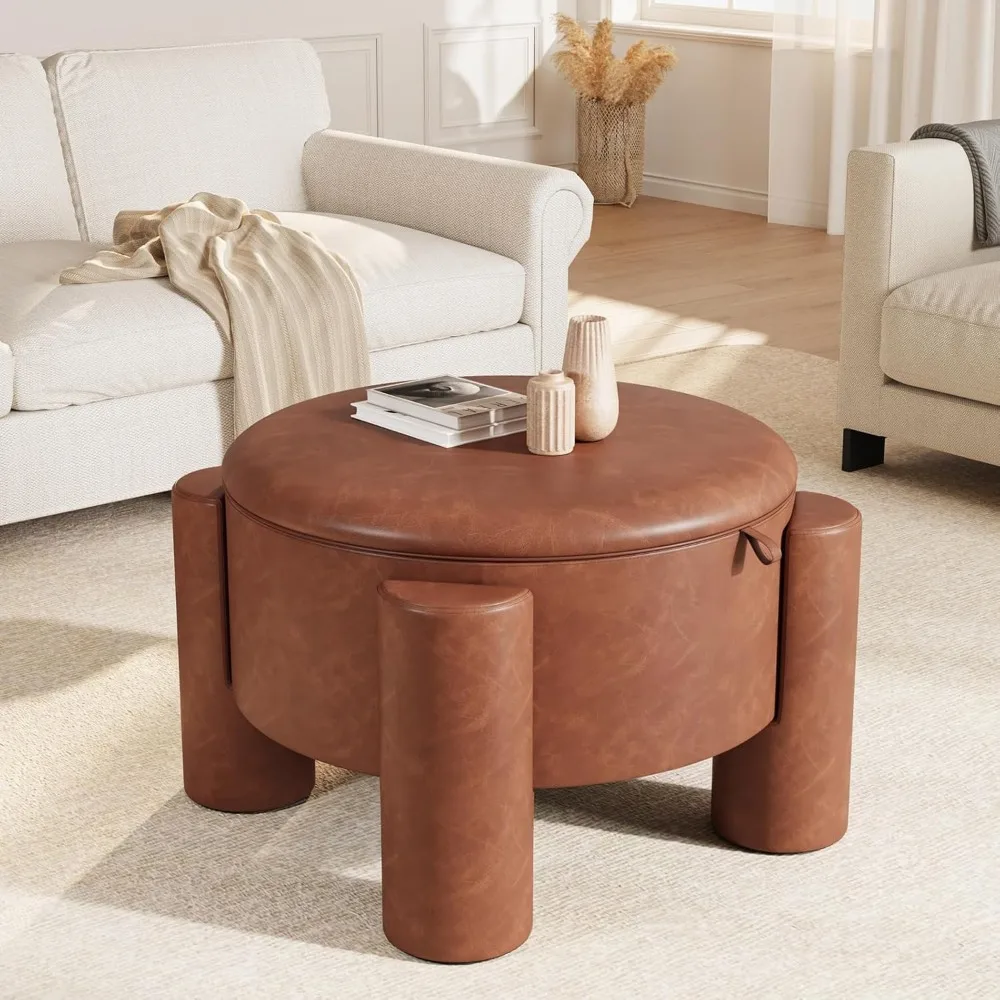 

Storage Ottoman with Removable Top, 24" Round Coffee Table Ottoman & Upholstered Footrest, Faux Leather Ottoman for Small