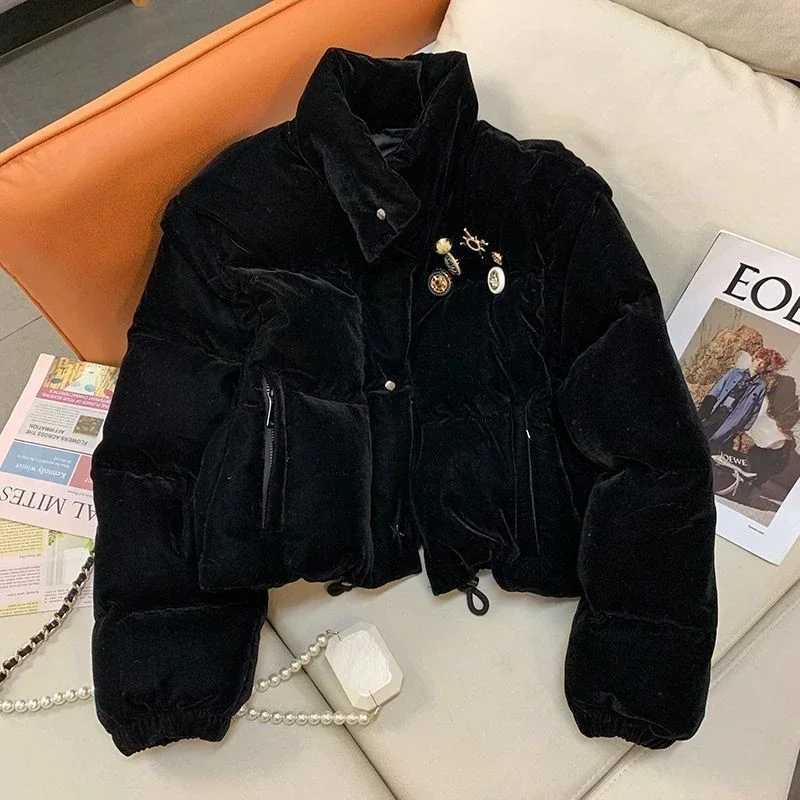 Thickened Stand Coats Retro Short Black Velvet Down Cotton Jacket Autumn Winter Y2k Top Jaquetas Chaquetas Korean Coat