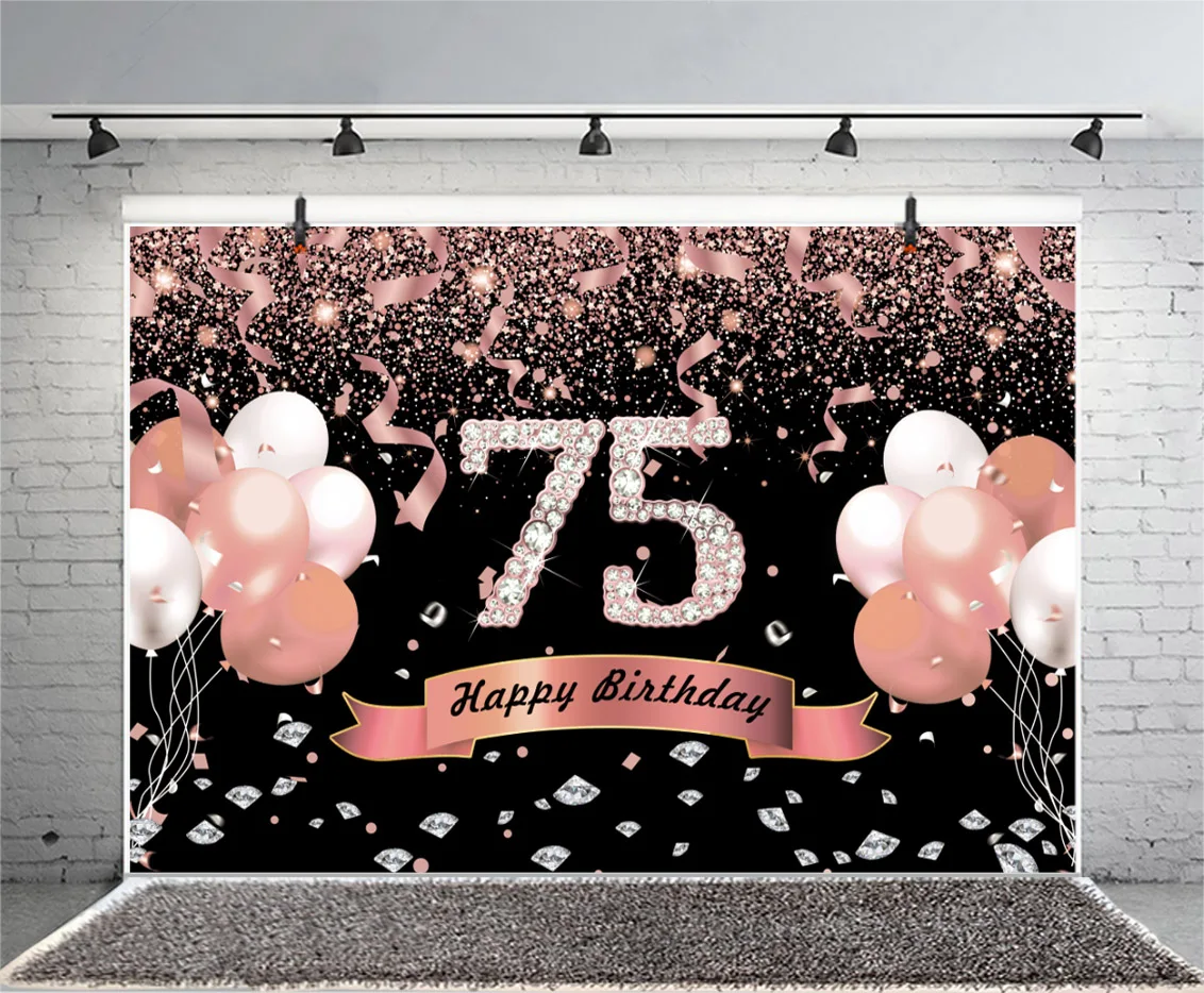 ローズゴールド75th背景ピンクバルーン男性女性75歳の誕生日パーティーカスタム写真撮影フォトスタジオの背景バナー
