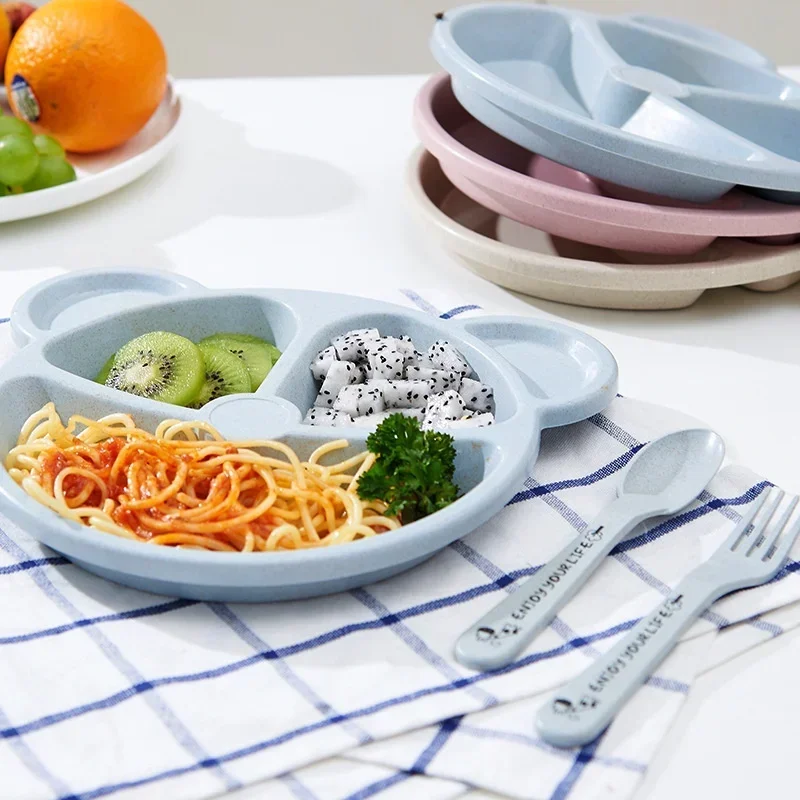3Pcs/set Wheat Straw Baby Dishes Cartoon Tableware Set Kids Dinner Platos Baby Feeding Plate Training Bowl Spoon Fork Tableware image 5