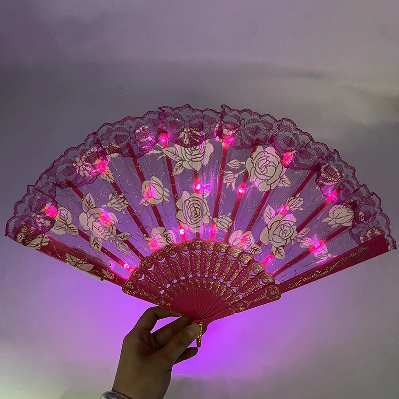9inches Glowing Lace Hand Fan LED Folding Hand Fan Girl Women Dance Light Up Foldable Fan Bar Performance Night Show Supplies - Image 2