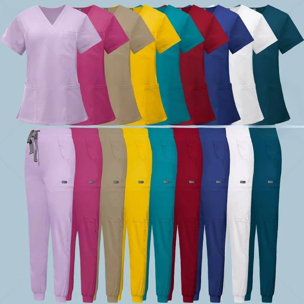 

Multicolour Jogger Suits Doctor Nursing Uniforms Short Sleeve V-neck Tops Pocket Pants Nurse Scrubs Set Medical Clinical Clothes