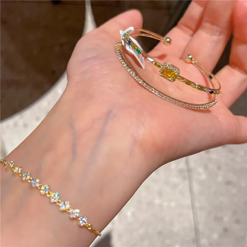 

CC Open Bangle Yellow Color Zirconia Double Layer 14K Gold Plated 100% Handmade Cuff Bracelet Exquisite Bijoux Prom Dress J985