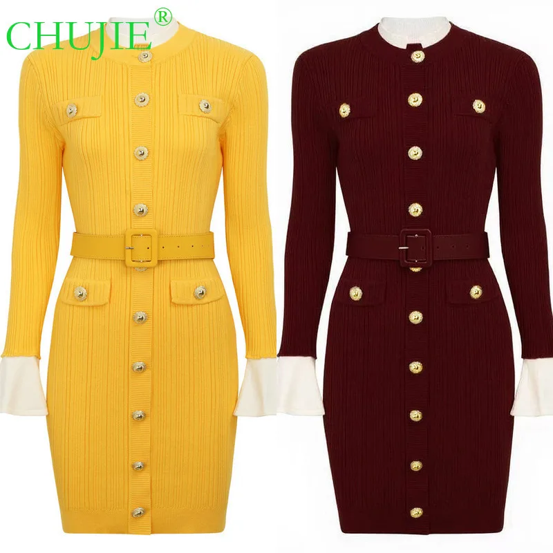 

【CHUJIE】Новинка осени 2023 года, элегантное французское однобортное универсальное облегающее короткое трикотажное платье с длинными рукавами и круглым вырезом, с поясом