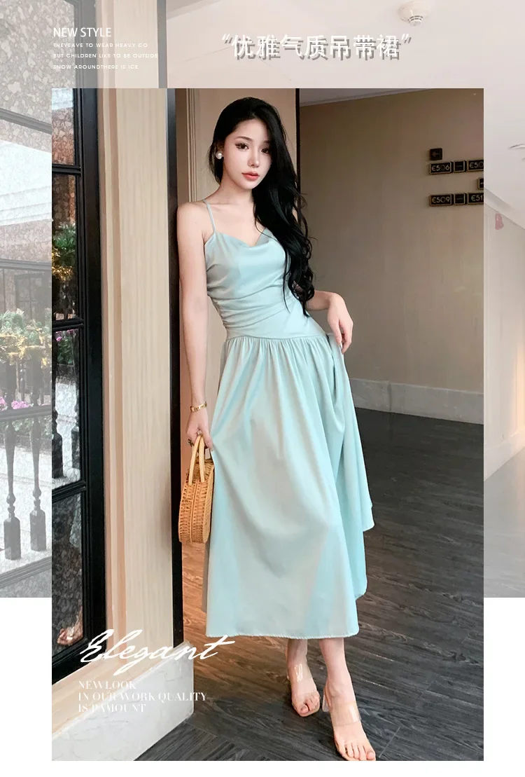 Holiday beach Beach dress Sexy backless satin chic design sense lace-up halter dress sense long dress