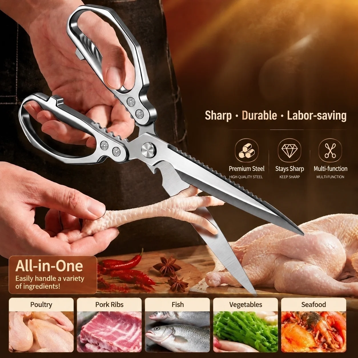 Extended Kitchen Scissors for Barbecue High Hardness Sharp Home Vegetable Cutter Powerful Meat Cutting Scissors