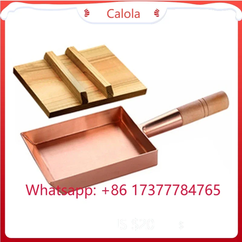 Square Copper Frying Pan Wooden Handle Brass Baking Tray Japanese Style Braised Pancake Copper Pot