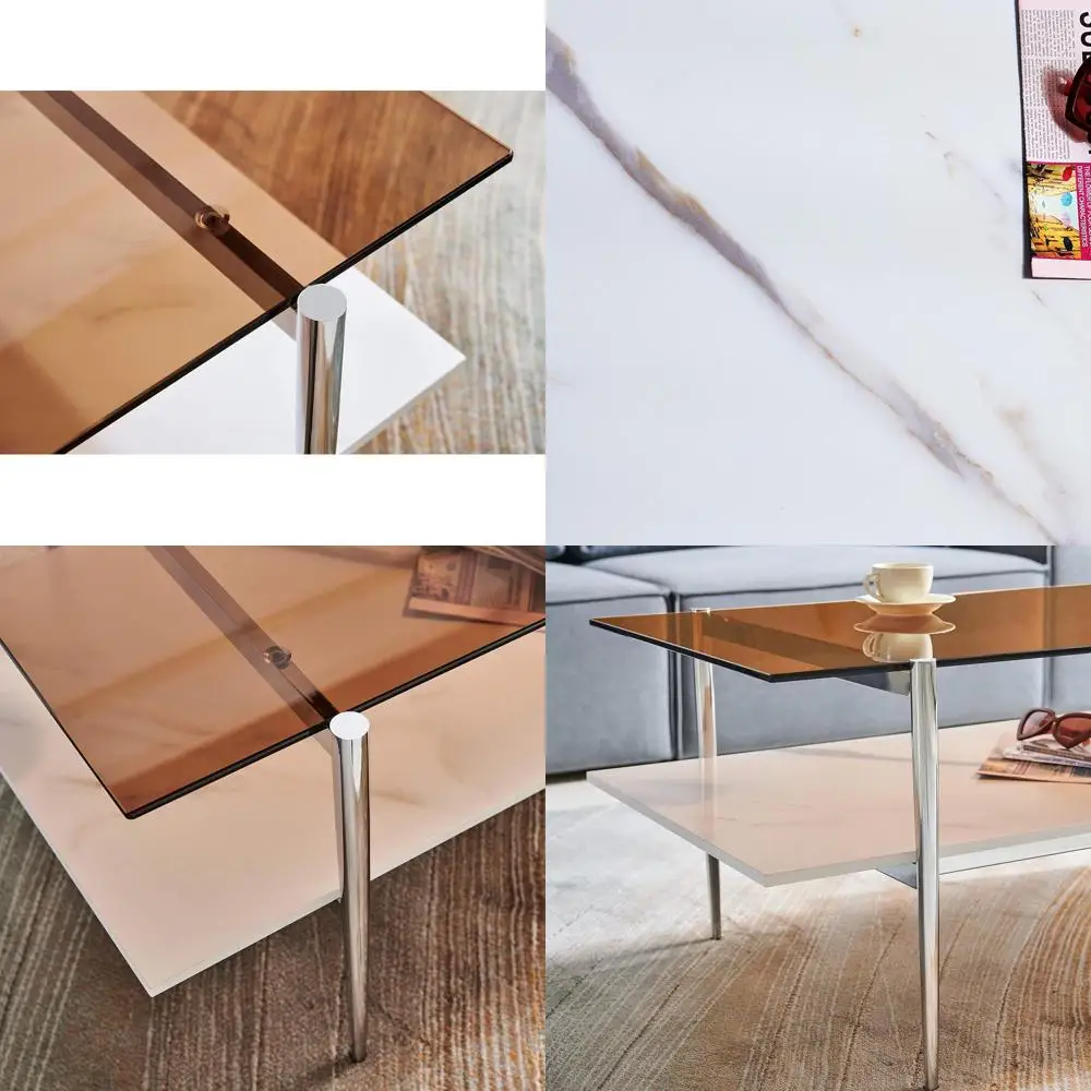 

Mid-Century Modern Glass Coffee Table with Chrome Legs, Coffee Brown Top and Faux Marble Shelf, 41