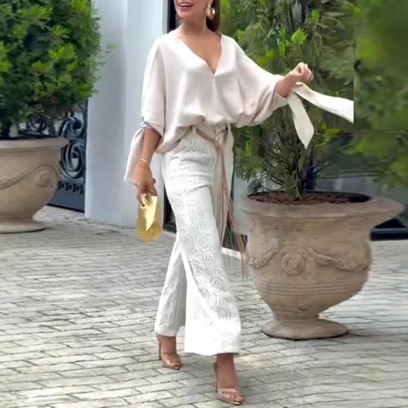 

Sexy Deep V Neck Hollow Blouse Shirt+Crochet Jacquard Trousers Suit Woman Solid Batwing Sleeve Lace-up 2 Piece Set Autumn Outfit