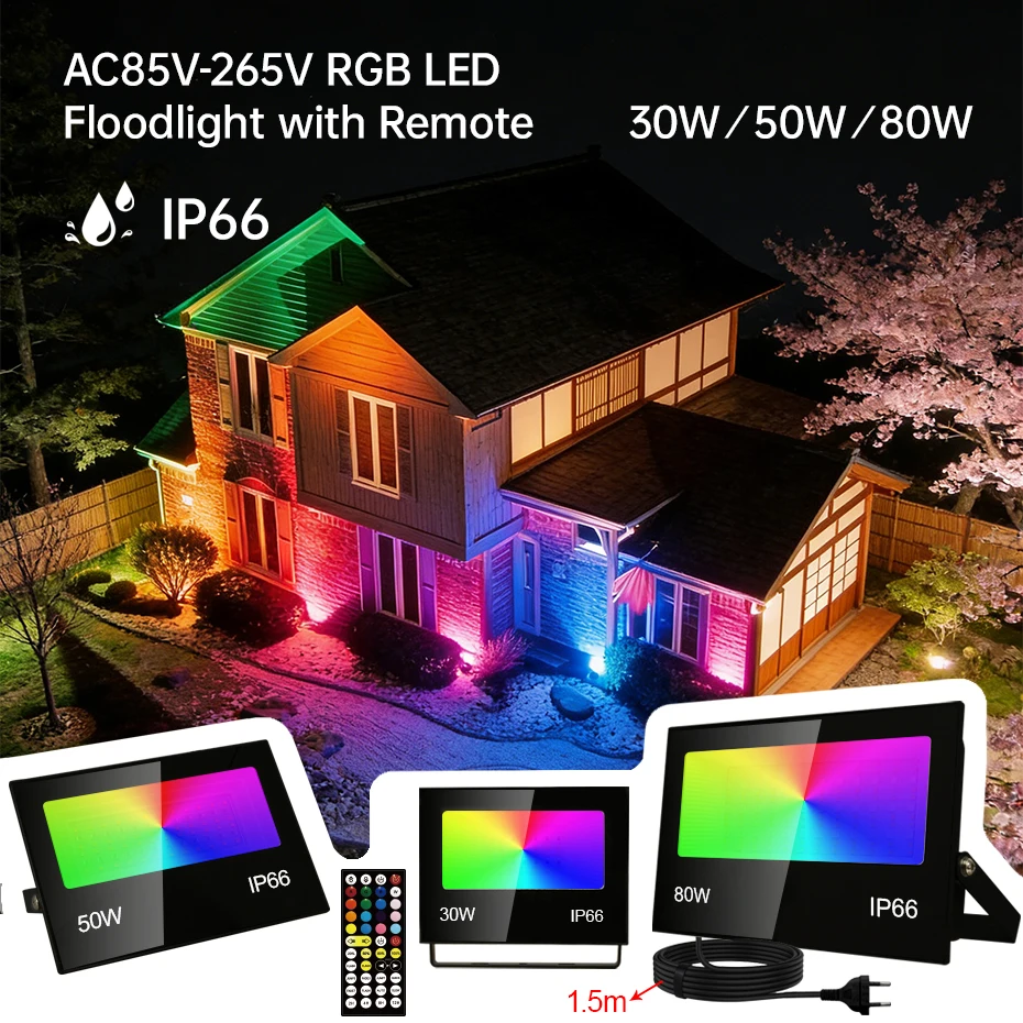 

Светодиодный прожектор RGB с дистанционным управлением, 30 Вт, 50 Вт, 80 Вт, 220 В, 110 В, для сада, улицы, с вилками EU, AU, UK, US