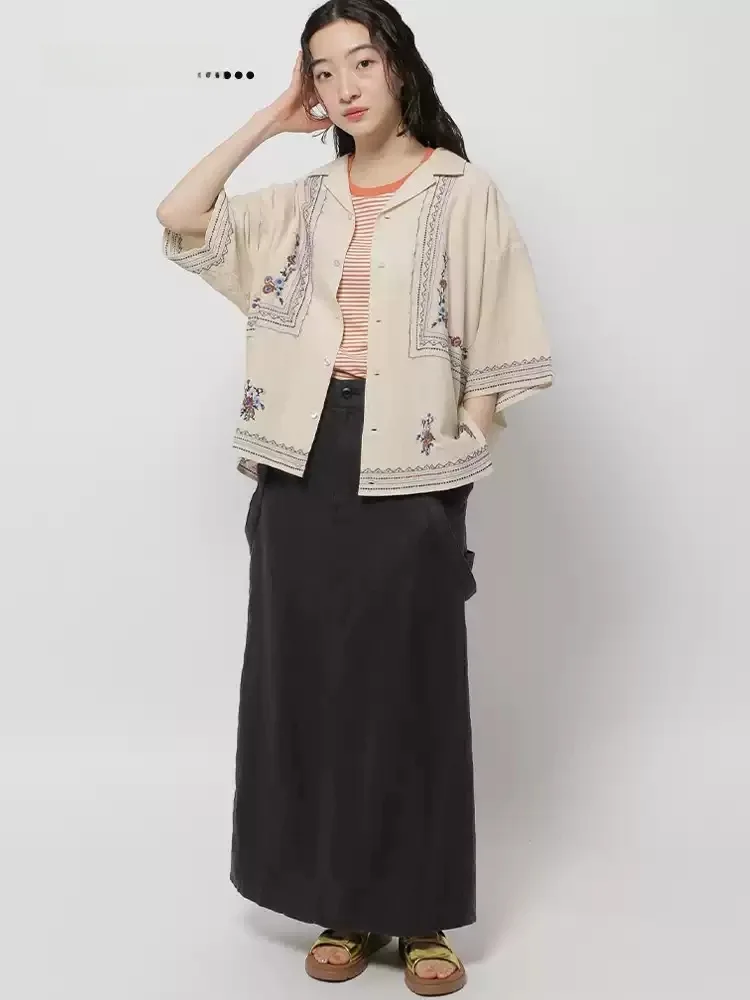 

Niko Home Japanese Sle Sweet Embroidered Loose ort Sve irt Women's New Summer Faion Artistic Retro Sle Cotton Blend