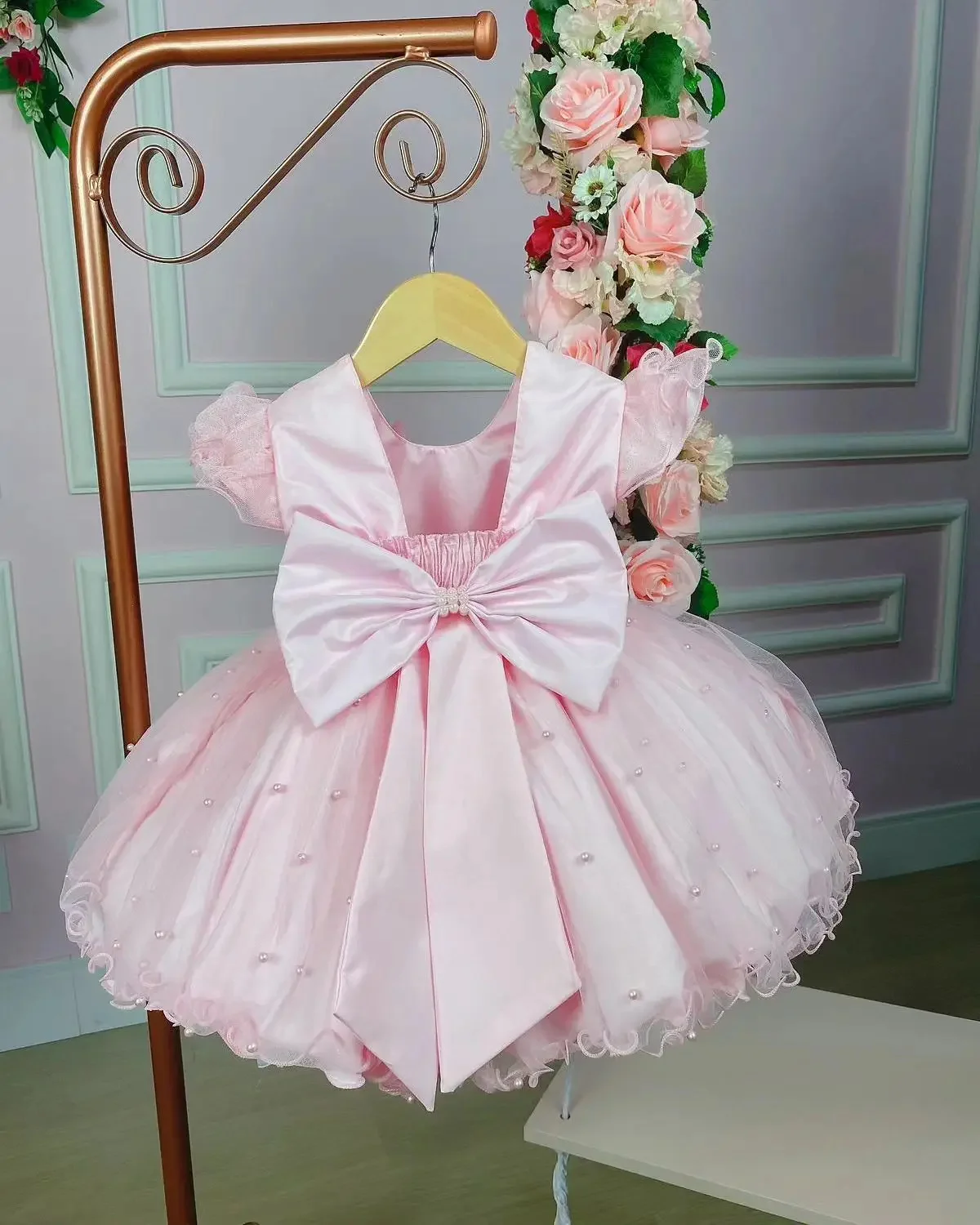 Princesa vestidos da menina de flor para o casamento luz rosa 3d borboleta arco pérola crianças vestidos de baile até o chão primeira comunhão wear