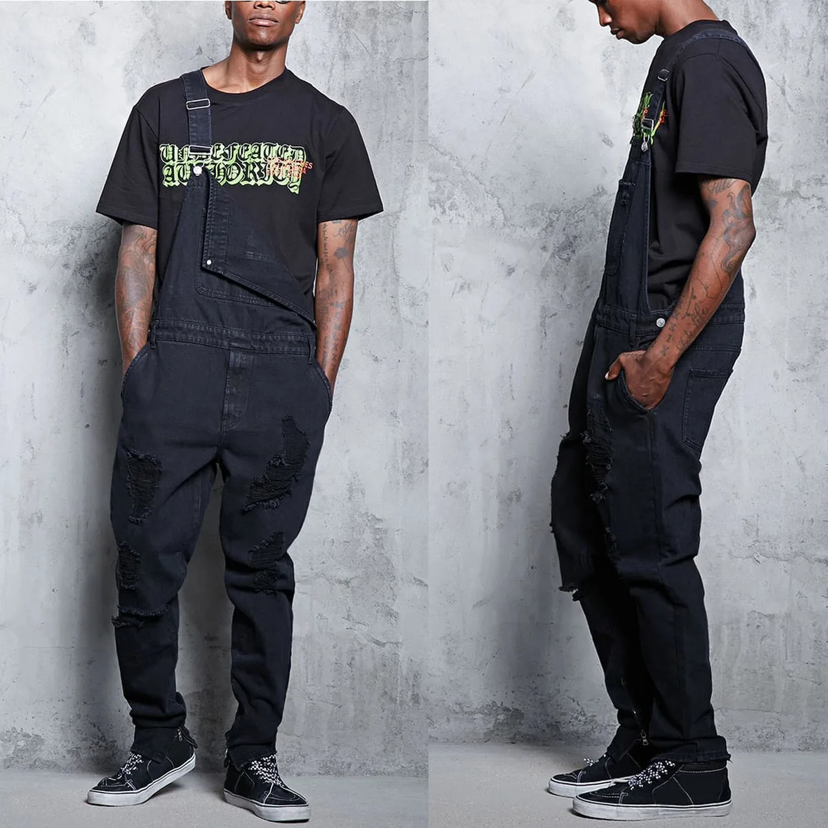 

Hot-selling Strappy Solid-color Ripped Skinny Denim Overalls for Fashionable Men Japanese-style Youth Jeans Made of Denim Fabric