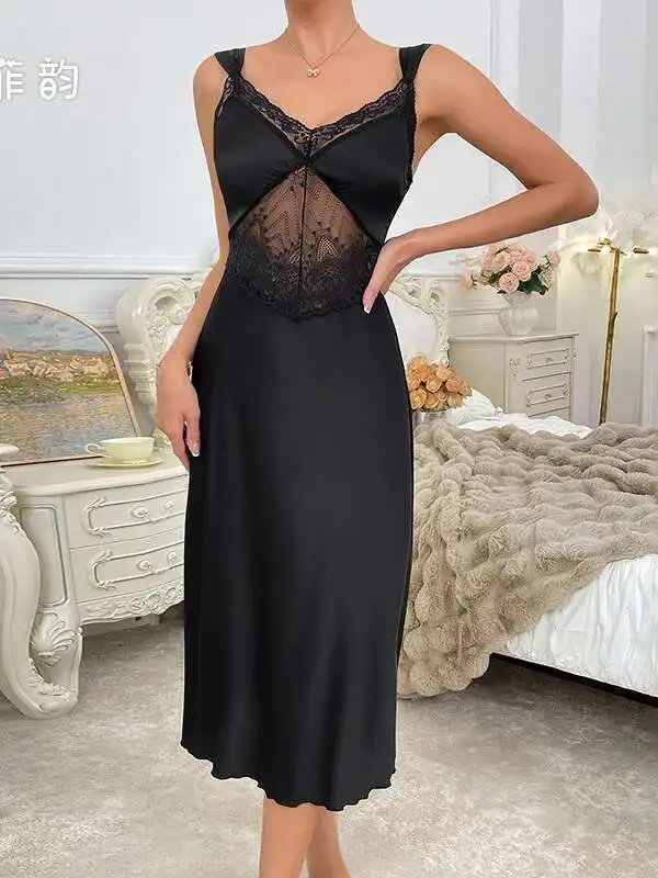 Sexy Nachtwäsche Damen rückenfrei tiefes V-Hosenträger ärmelloses Nachthemd Satin Pure Desire Spitze Französisches High-End-Hauskleid DE9Y