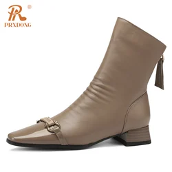 PRXDONG New Brand Genuine Leather Autumn WInter SHoes Woman ANkle Boots Med Square Heels Black Khaki Zipper Dress Casual Shoes
