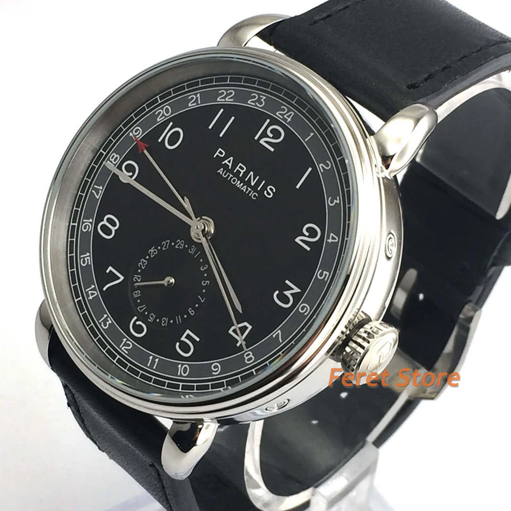 

42mm PARNIS Black dial Black leather strap steel case Sapphire glass Classic Power Reserve Indicator automatic mens watch