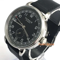 42mm PARNIS Black dial Black leather strap steel case Sapphire glass Classic Power Reserve Indicator automatic mens watch