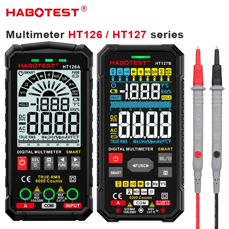 

HABOTEST HT126 5th Generation Multimeter Digital Professional AC DC TRMS Voltage Current Ohm 60mF Hz Electrician Meter Tester