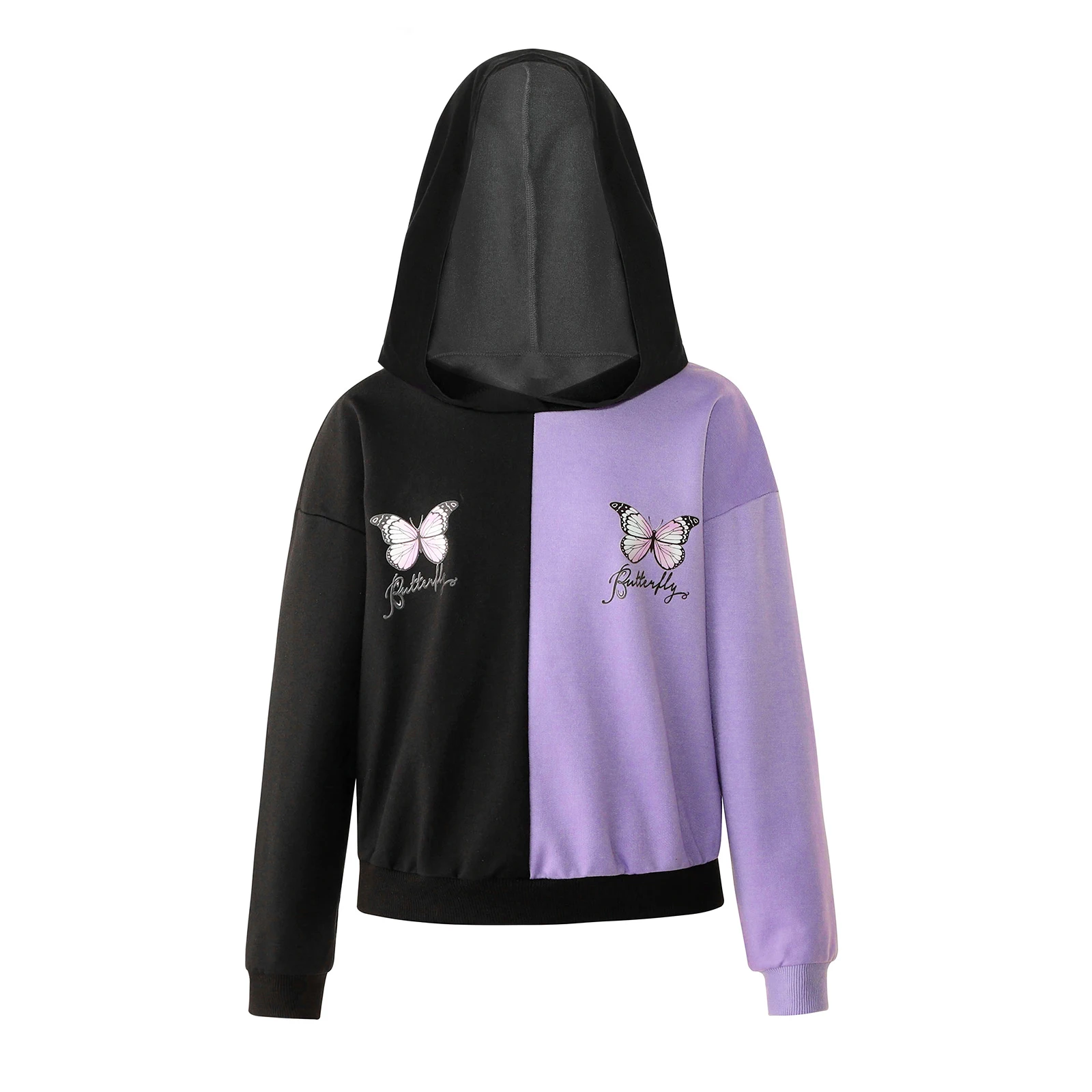 Autumn Winter Girls Stylish Butterfly Print Color Contrast Crop Hoodie Pullover Sweatshirts Tops Long Sleeve Casual Daily Wear