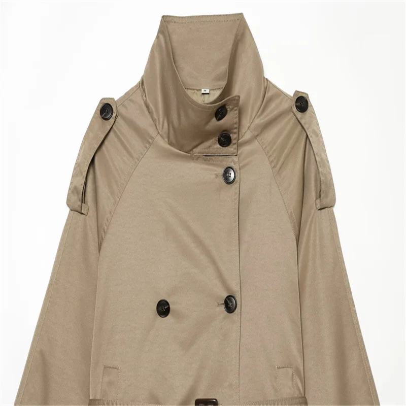 NINE ZAR Women's Short Stand Collar Windbreaker Jacket with Belt Workwear Style Waist Cinching Button Detailing Online Exclusive
