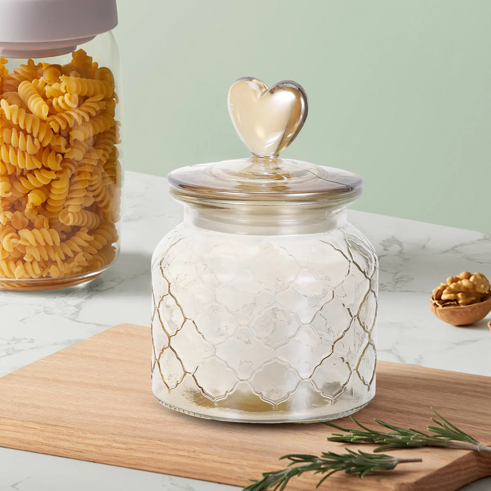 Glass Sealing Snack Storage Jar with Lid Heart Lid Glass Container for Dried Fruit Candy Nuts Herbal Tea Storage