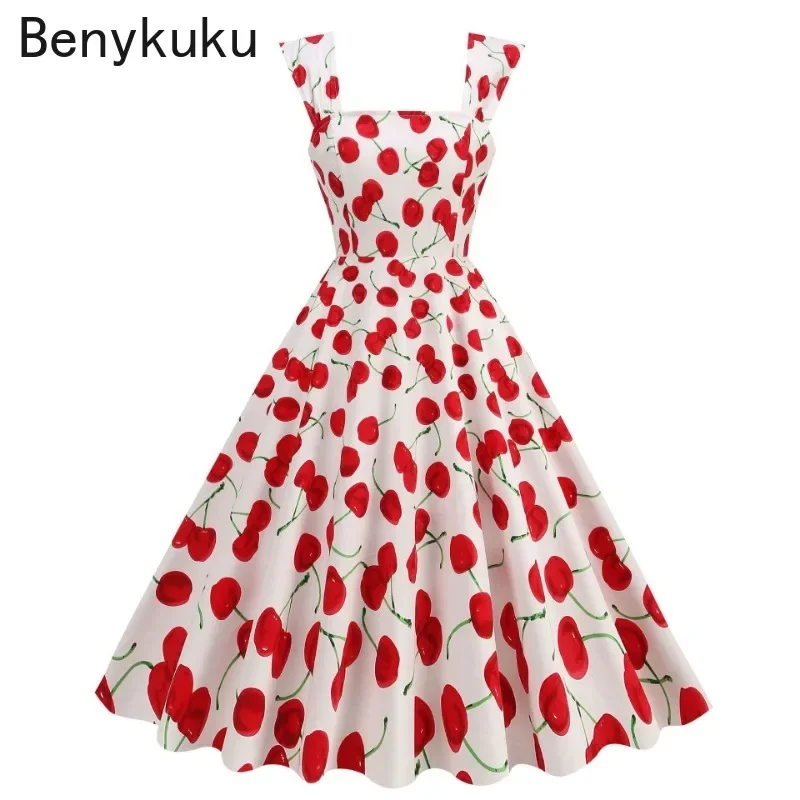 

Cherry Print Square Neck Tank Vintage Dresses Summer Women Clothes Rockabilly Retro 50s Hepburn Cotton Party Dress Ropa Mujer