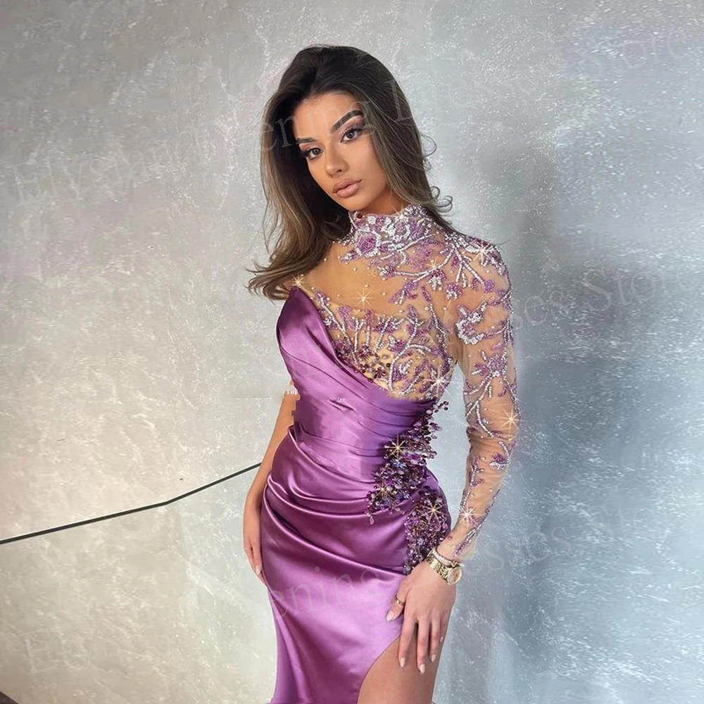 2024 Charming Purple Mermaid Women's Evening Dresses New Modern High Neck Beaded Prom Gowns Sexy Side Split Vestidos De Festa