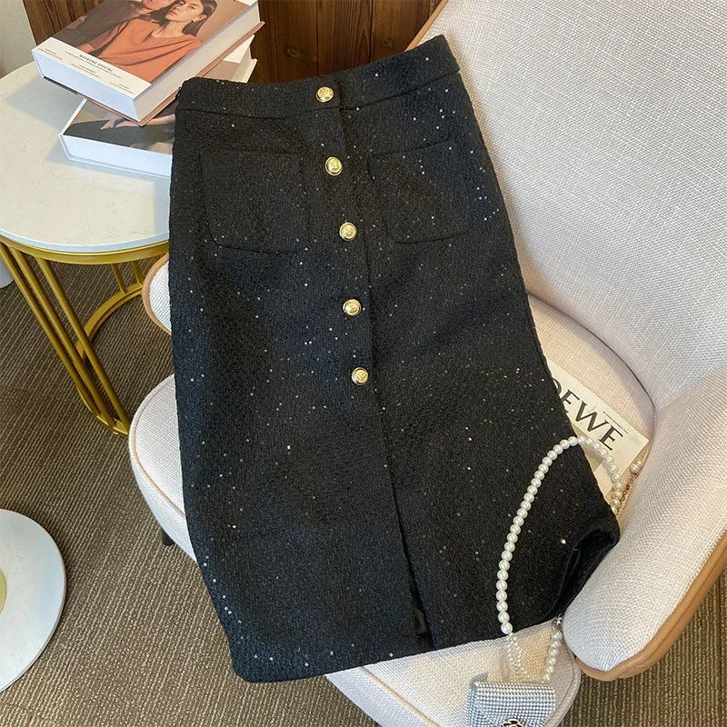 New Fashion Sequined Tweed Woolen Skirt Women Pockets High Waisted Golden Button Elegant Office Lady Suit Skirts Clothing