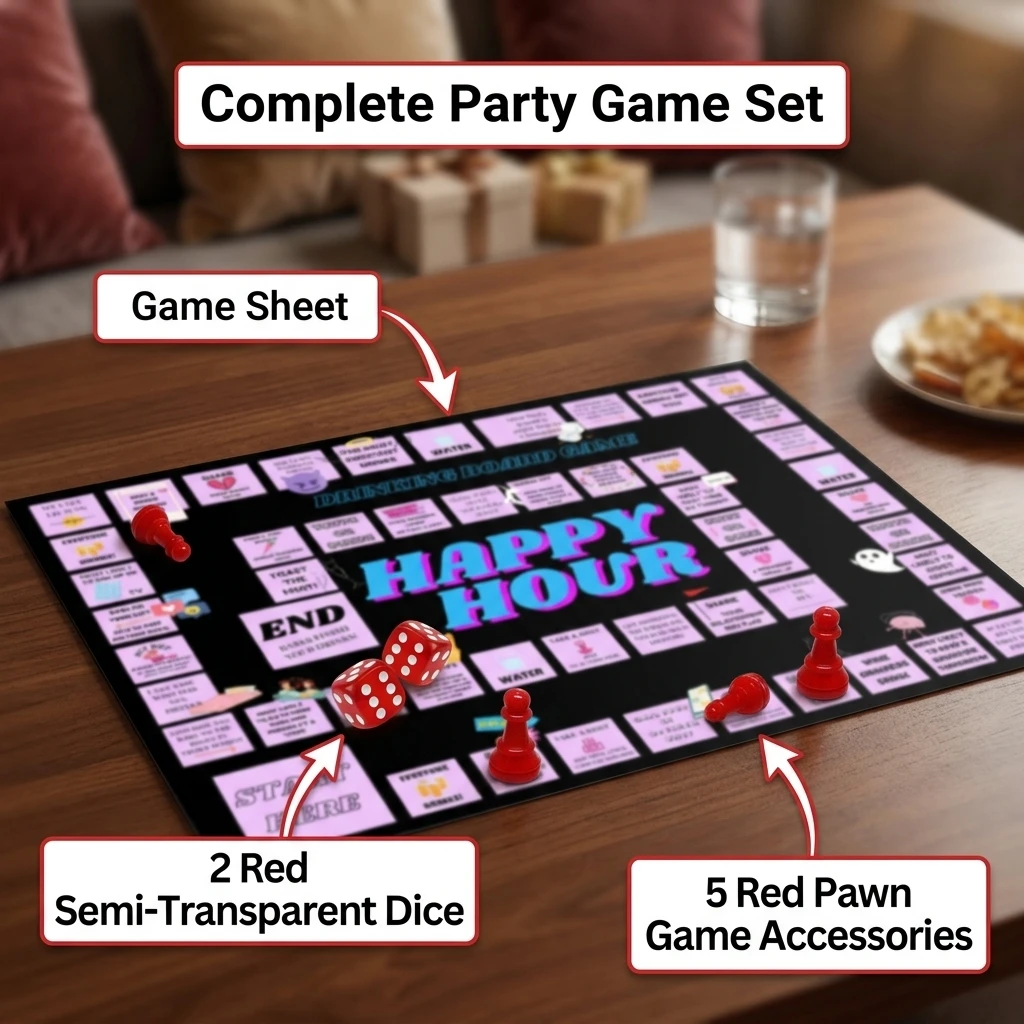 Happy Hour Party Game Set 1 Paper Sheet 2 Dice 5 Pawns Adult Group Interactive Funny Friends Gathering Activity