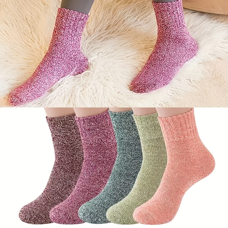 5 أزواج من الجوارب الشتوية النسائية المريحة - جوارب محبوكة دافئة متوسطة الأنبوب مع أصفاد مضلعة مثالية للأنشطة الخارجية