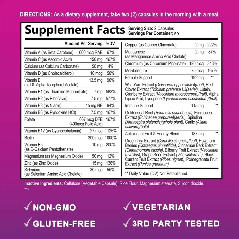 Women\'s Multivitamin Capsules Contain A Perfect Blend of Biotin, Calcium and Zinc To Support Immune Function and Energy