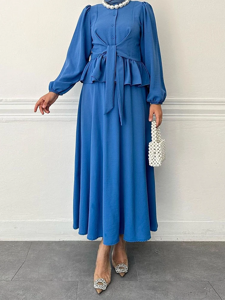 

Muslim Fashion Belted Blouse with Buttons and Skirt for Women, Long Sleeve, Flounced Edge, Dubai Evening Outfits, Turkish Caftan