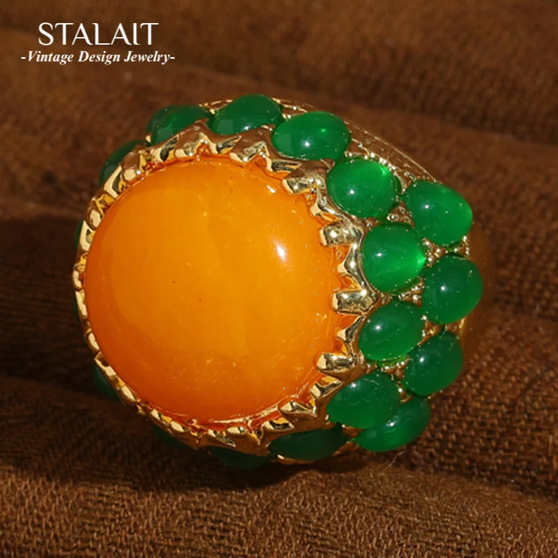 

Vintage Orange Natural Stone Rings Green Flower Summer Jewelry Crown Accessories For Women Party Luxury Quality Designer 2025