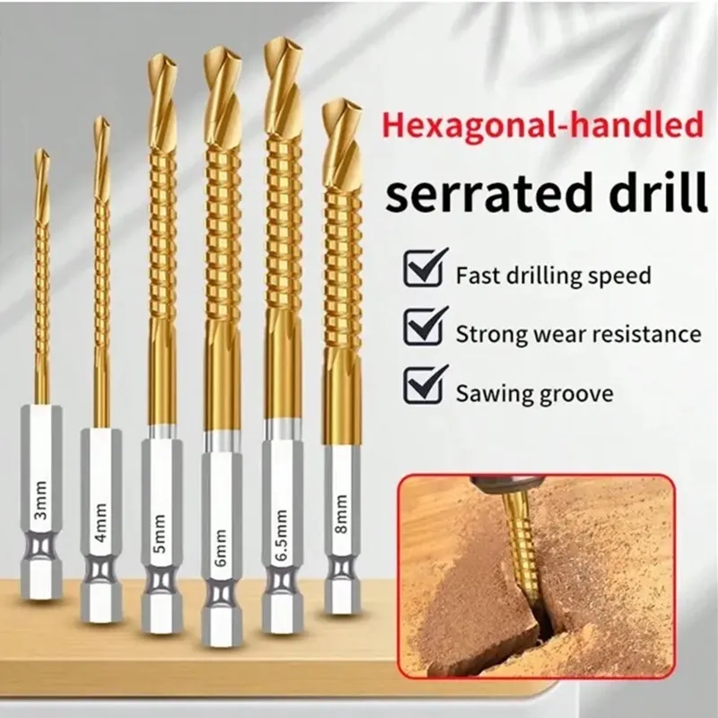 

6pcs Set of Serrated Hexagonal Handle Twist Drill Bit Set Wooden Board Expansion Groove Serrated High-Speed Steel Alloy Bits