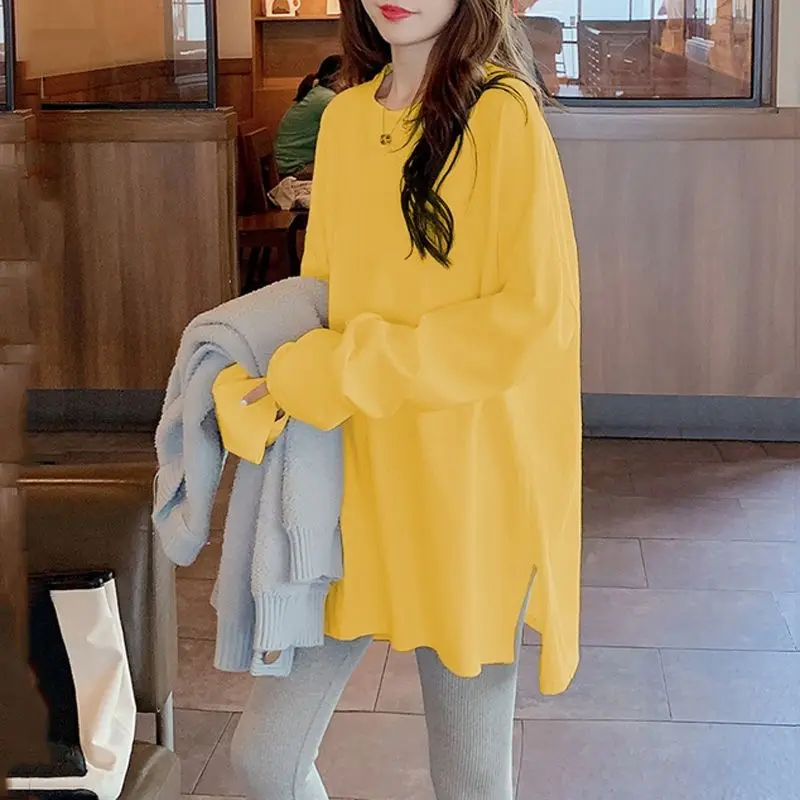 Fashion Loose Solid Color Slit Asymmetrical T-Shirts Women\'s Clothing 2024 Spring New Oversized Casual Tops Korean Tee Shirt