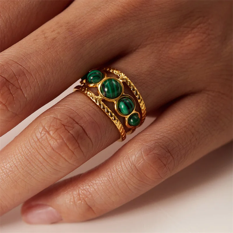 

Stainless Steel Golden Plated Metal Bohemia Green Stone Ring for Women Fashion Adjustable Open Rings Jewelry Birthday Gifts
