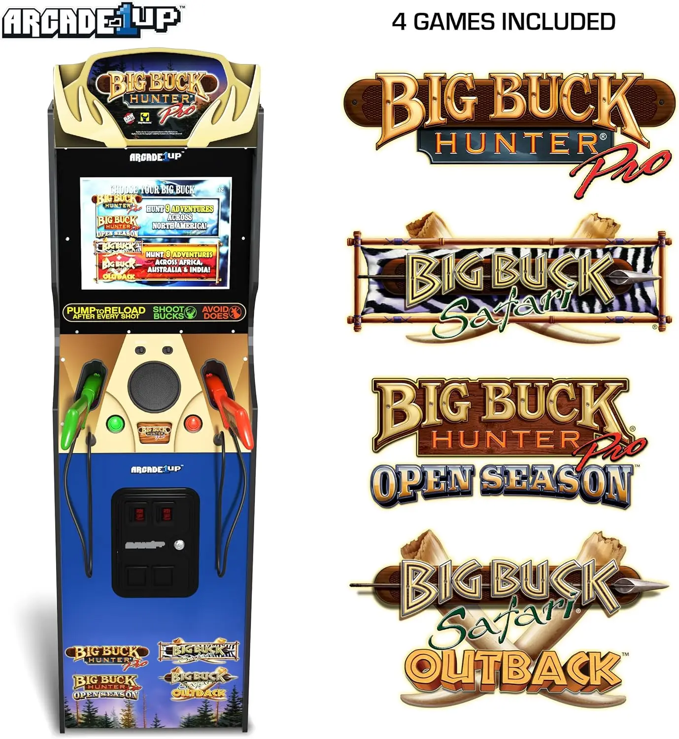 เครื่องอาร์เคด Big Buck Hunter Pro Deluxe สําหรับบ้าน ตู้ยืนสูง 5 ฟุต เกมคลาสสิก 4 เกม และหน้าจอ 17 นิ้ว