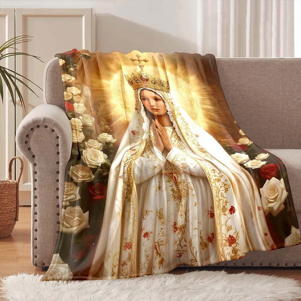 Statue of Virgin Mary with roses Faith-printed Flannel Blanket Soft and Warm Suitable for Home Travel Picnics Camping and RV