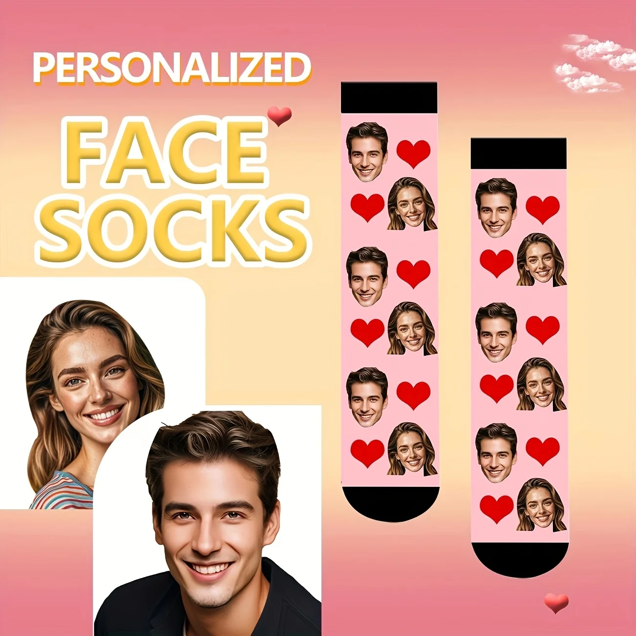 1 pair (single and double packaging) personalized photo couple customized socks-socks with customizable head, printed with your