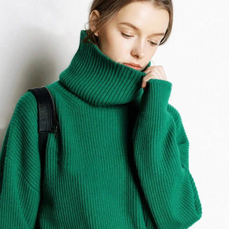 Autumn Winter Thickened Cashmere Sweater Women High Collar Loose Knitted Slimming Base Layer Long Sleeve Regular Fit Sweater