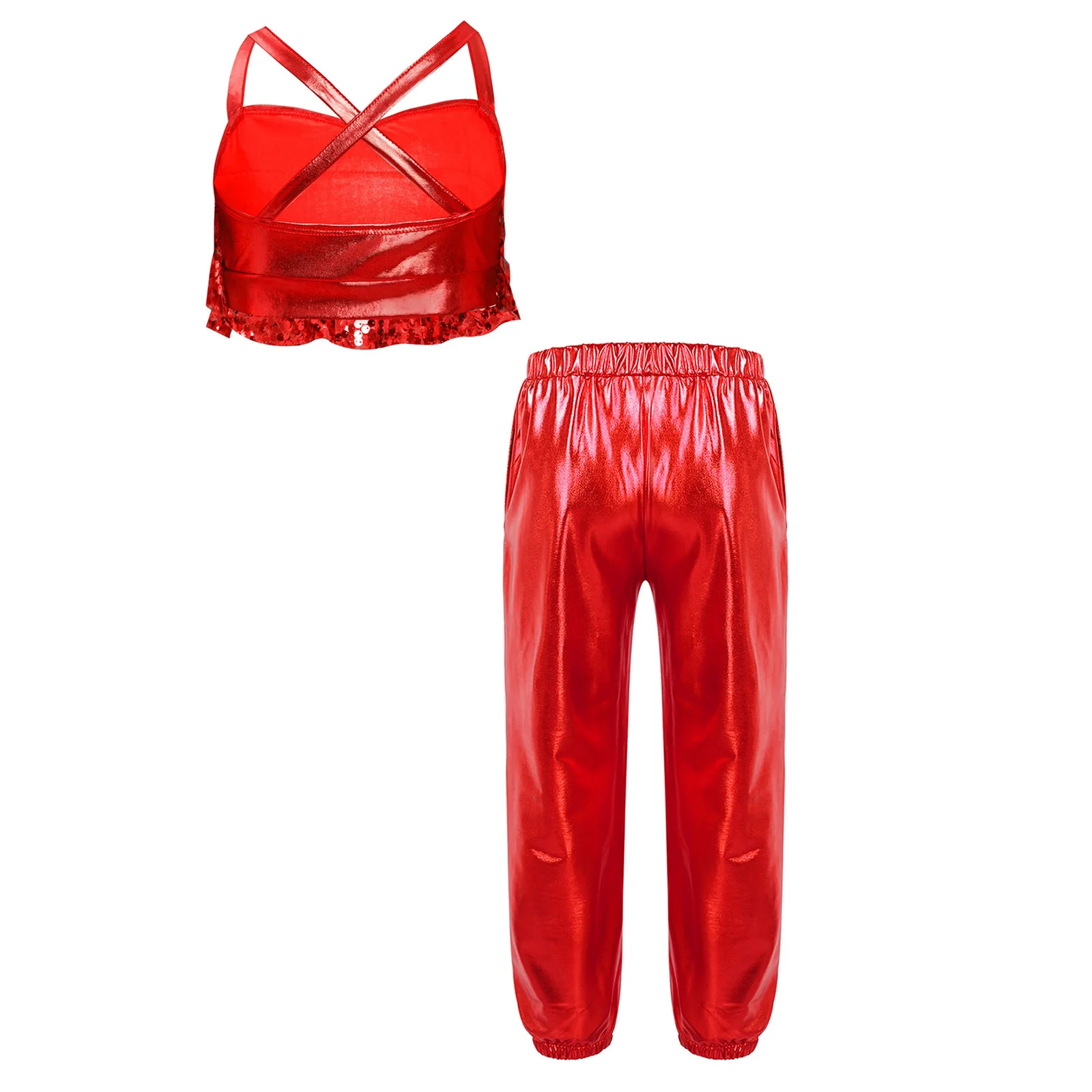 Kinder Mädchen Jazz Hip Hop Street Dance Kostüm Glitzernde Pailletten Camisole Crop Top mit metallischen Hosen Set für Bühnenauftritt