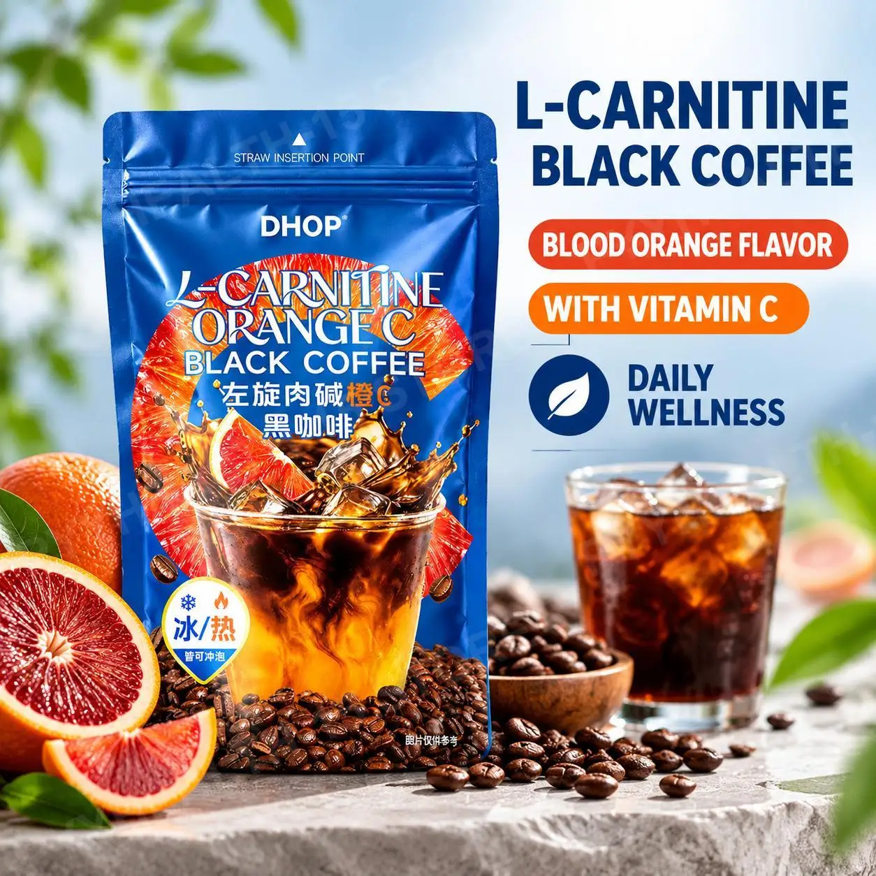 L-Carnitine Orange Black Coffee Powder with Blood Orange, Citrus Fiber, Vitamin C & Green Tea for Energy Metabolism Support